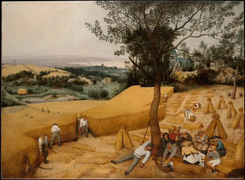Pieter Bruegel starszy, Żniwa, 1565: chłopi koszą zboże i odpoczywają w cieniu gruszy