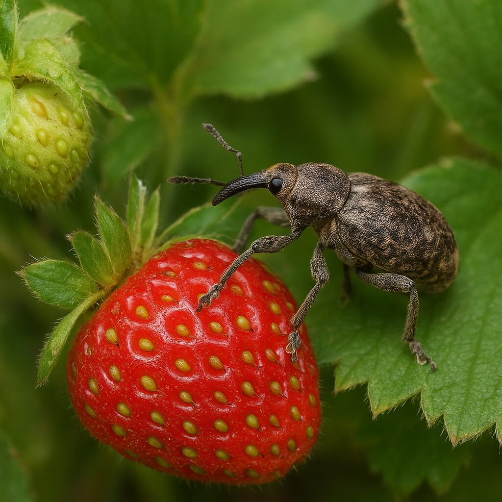 Skoczek truskawkowiec – truskawki