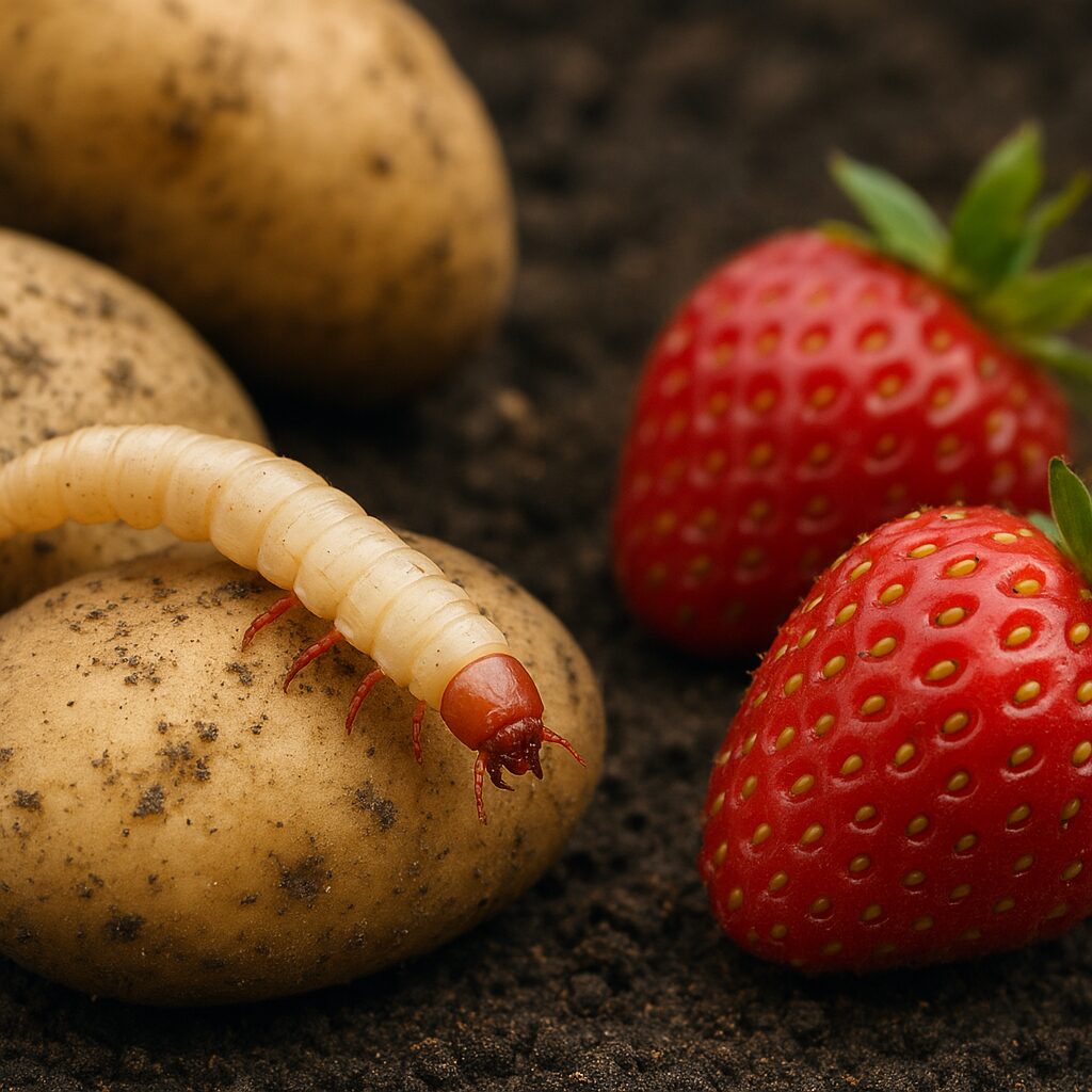 Larwa sprężykowatego czerwononogiego – ziemniaki, truskawki