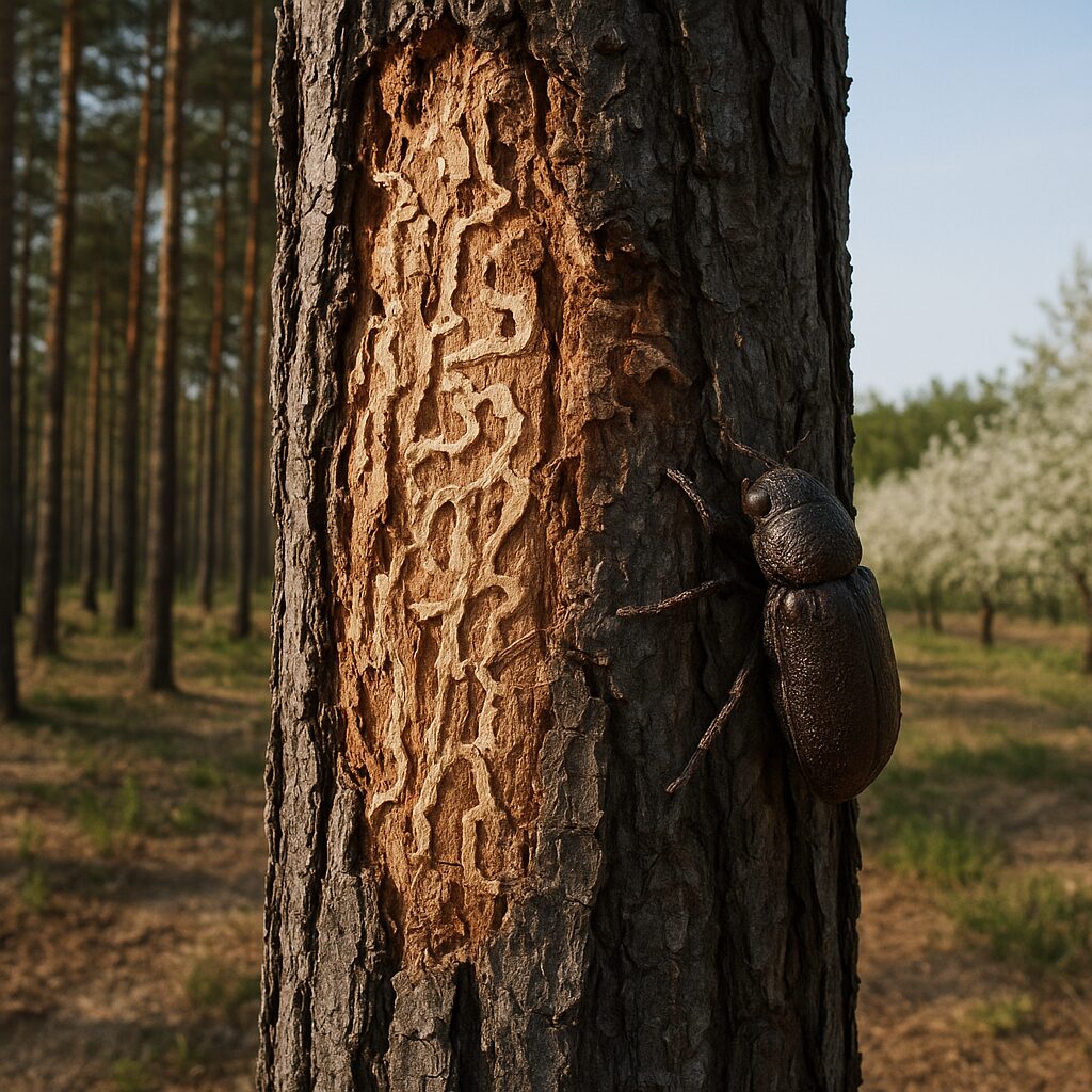 Kornik drukarczyk – drzewa iglaste blisko sadów