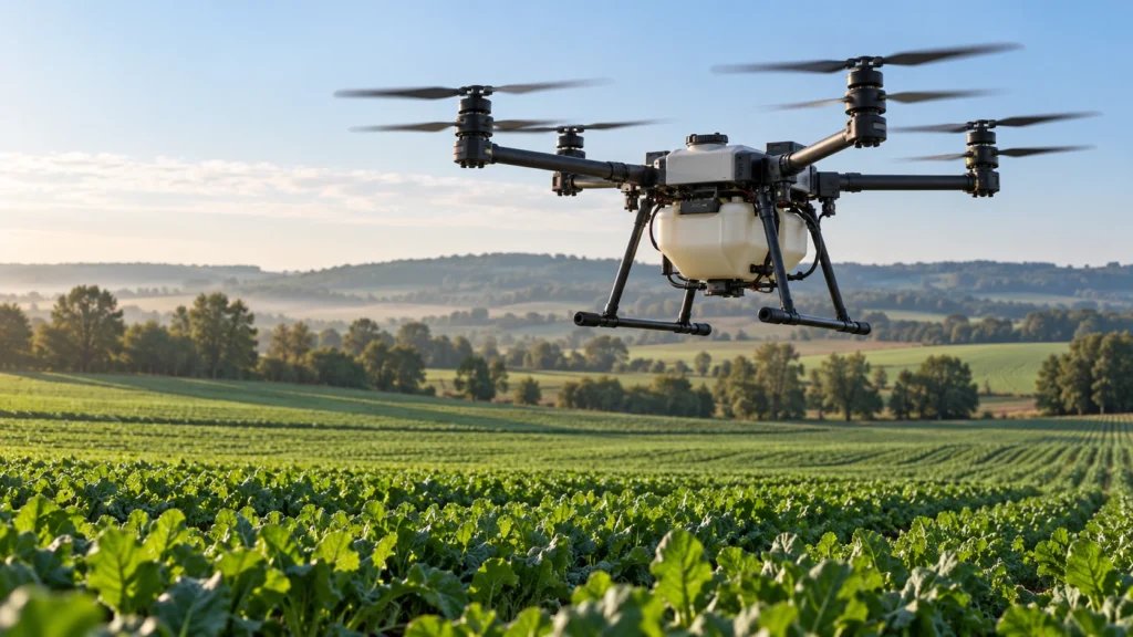 Dron opryskowy z białym zbiornikiem nad zieloną uprawą polową o poranku