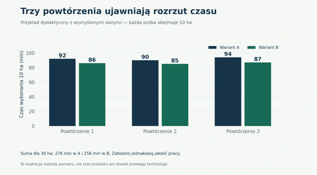 Dydaktyczny przykład czasu wykonania 10 ha w trzech powtórzeniach