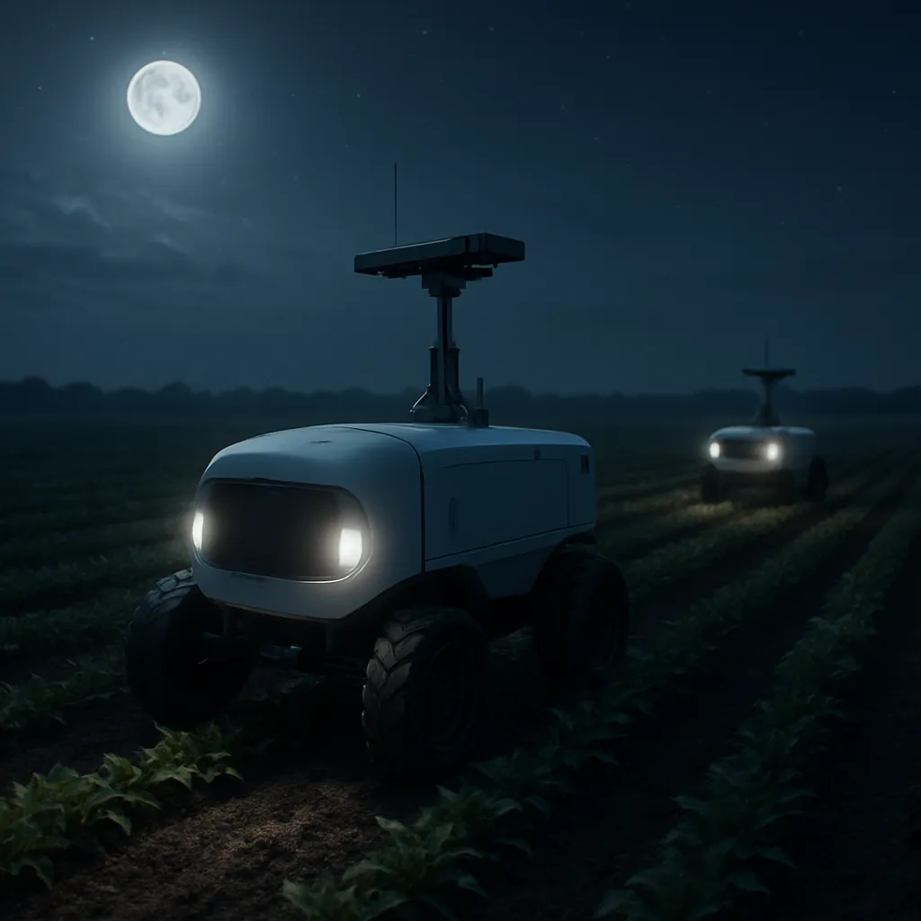 Autonomiczne roboty patrolujące pola nocą