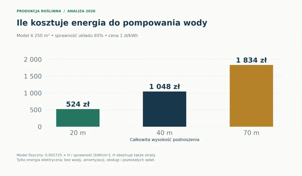 Model kosztu energii dla 6 250 m³ wody, sprawności układu 65% i ceny 1 zł/kWh