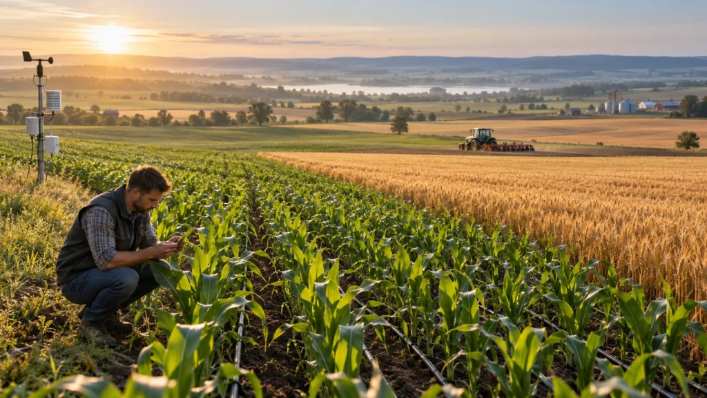 Agronom ogląda młodą kukurydzę na polu z liniami nawadniania kroplowego, obok łan dojrzałej pszenicy i stacja pogodowa