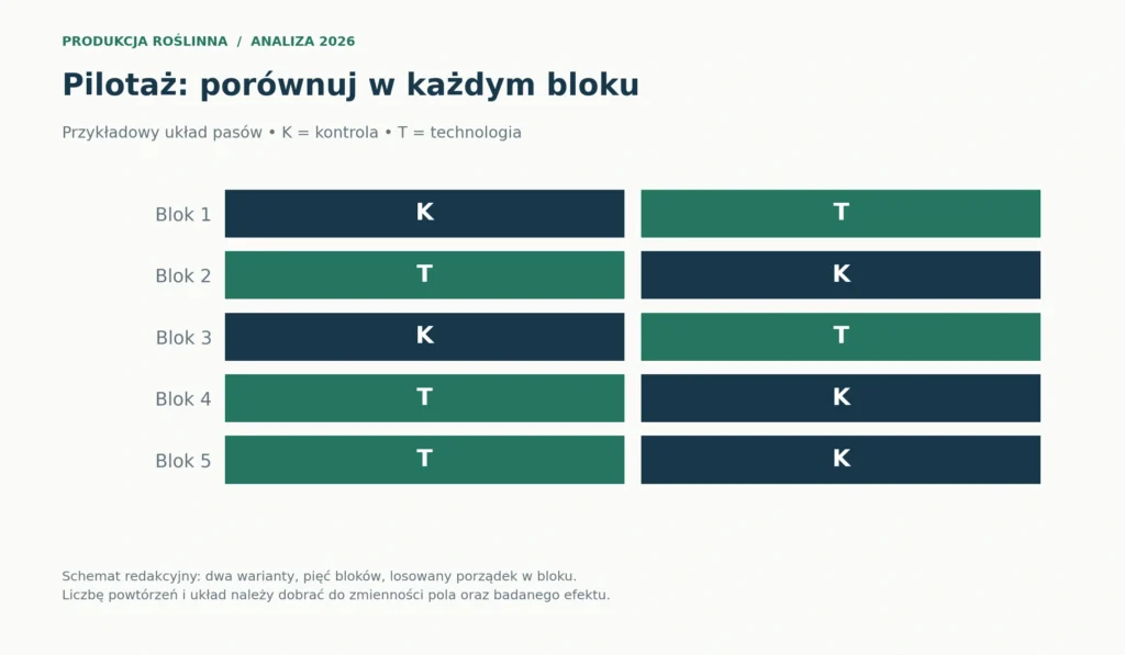Przykładowy plan doświadczenia pasowego: pięć bloków, w każdym losowany porządek kontroli K i technologii T