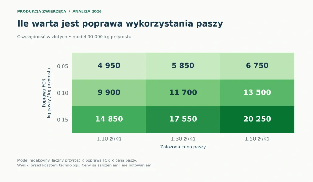 Wrażliwość wartości zaoszczędzonej paszy na poprawę FCR i cenę paszy