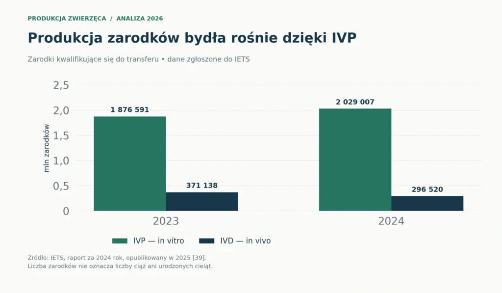 Zarodki bydła kwalifikujące się do transferu według IETS: IVP 1 876 591 w 2023 i 2 029 007 w 2024; IVD odpowiednio 371 138 i 296 520