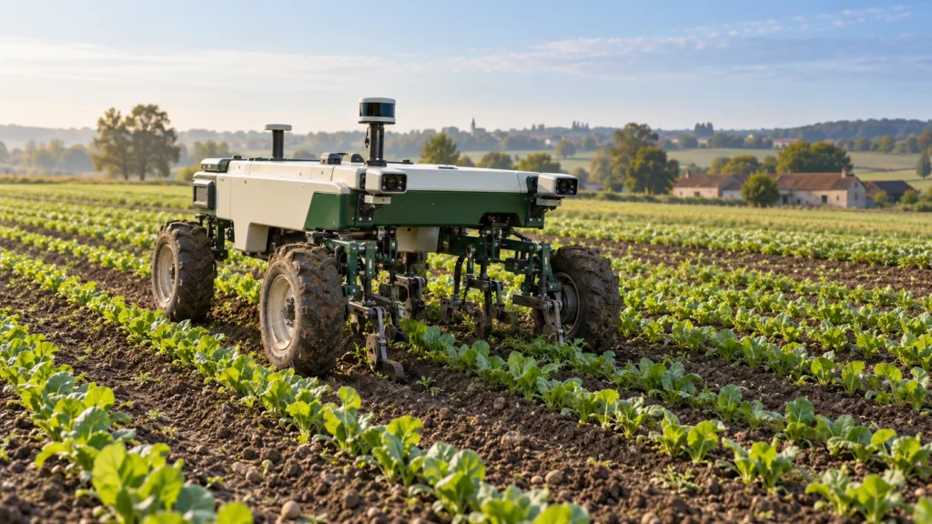 Autonomiczny robot pielący pracujący między rzędami młodych warzyw