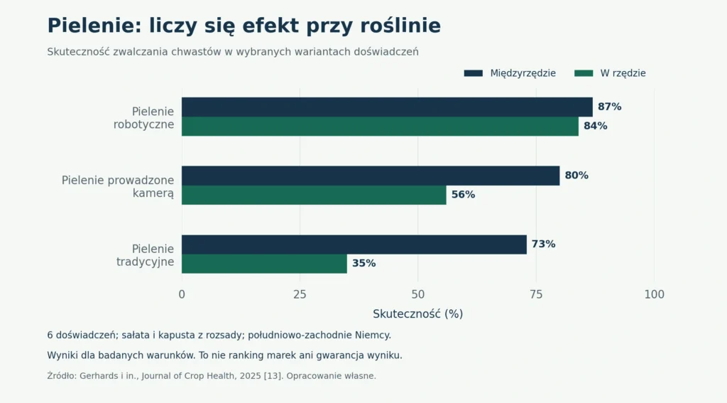 Wykres: skuteczność zwalczania chwastów przez robota i tradycyjne pielenie w sałacie i kapuście