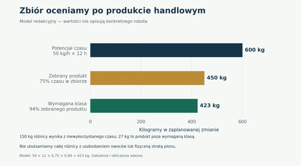 Wykres: model zbioru od potencjału 600 kg do 423 kg produktu handlowego