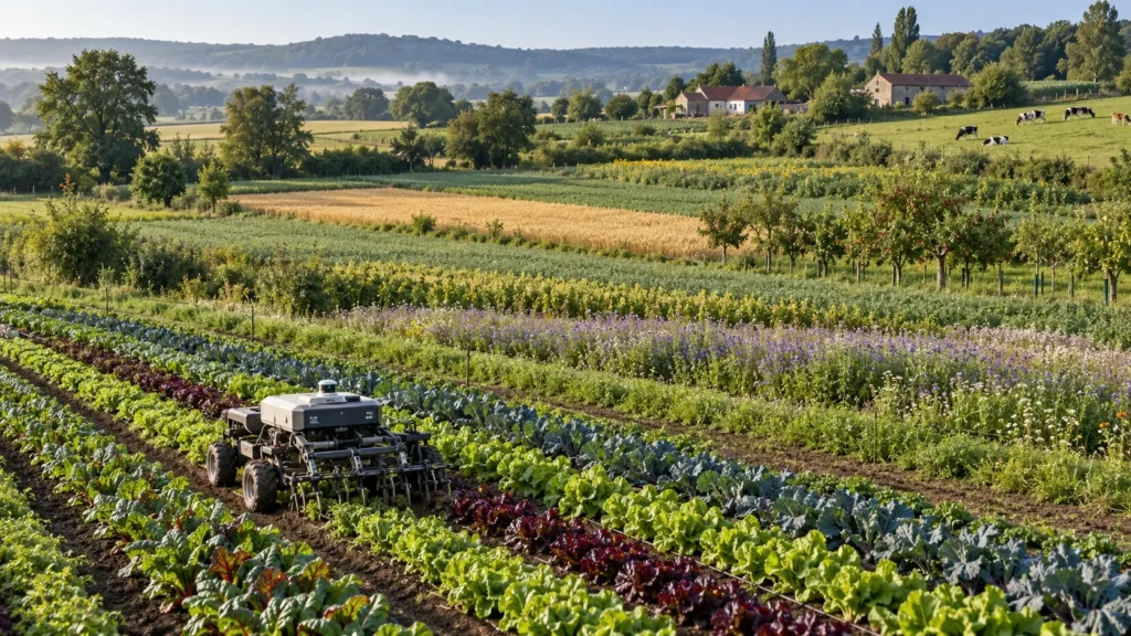 Gospodarstwo ekologiczne: robot pielący w zagonach warzyw, pasy kwietne, zboża, sad i pastwisko z krowami